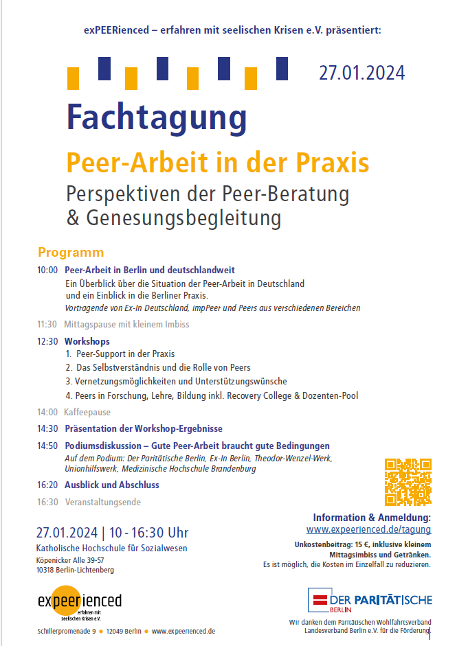 Flyer Fachtagung Peer-Arbeit in der Praxis am 27.01.2024 mit Programm.